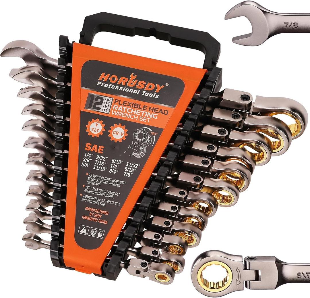 HORUSDY 12-Piece SAE Flex-Head Ratcheting Wrench Set with Organizer | 1/4 to 7/8 Ratchet Combination Wrenches Set | 72-Teeth | Chrome Vanadium Steel
