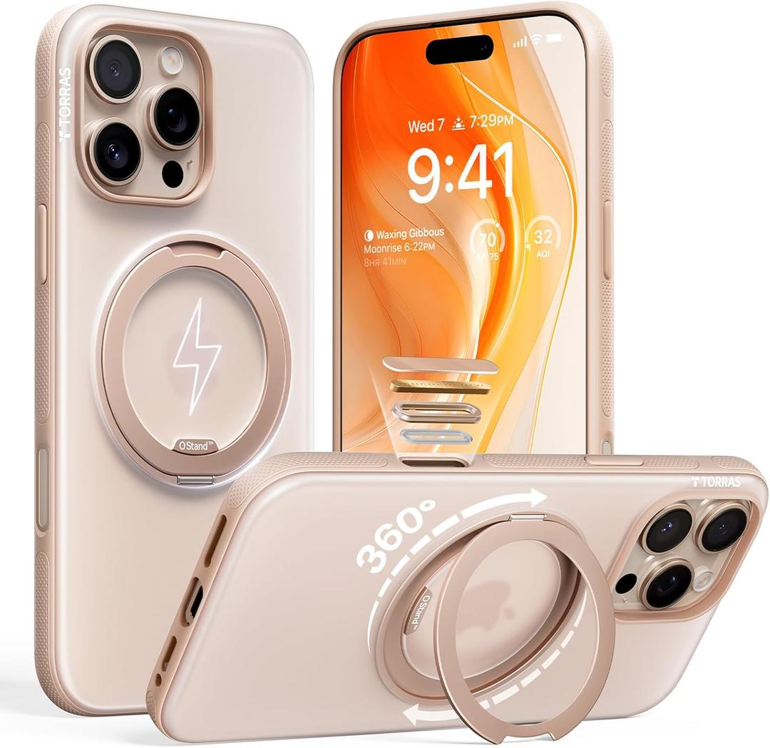 TORRAS 360 Magnetic Stand for iPhone 16 Pro Case, Ostand 3.0 [Fit for MagSafe] [4X Mil-Grade Shockproof] Rotatable Kickstand Cover, Camera Control Button, Translucent Desert Titanium, O3 Fitness