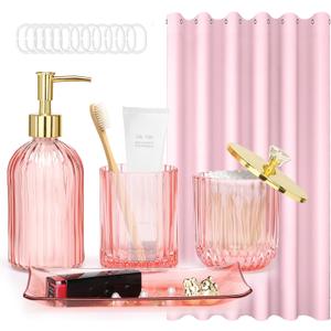 Bathroom Accessories with Shower Curtain,Pink Glass Bathroom Accessory Sets of Soap Dispenser, Toothbrush Holder, Apothecary Jar(Qtip Holder), Vanity Tray, Modern Home/Dorm Decor Housewarming Gifts