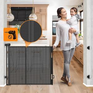 Reinforced No Drill Retractable Pet Gates for Doorways No Drilling Retractable Dog Gate with Support Rods to Prevent Crawling Underneath, 55 Wide Retractable Baby Gate No Drill Retractable Mesh Gates (Black)