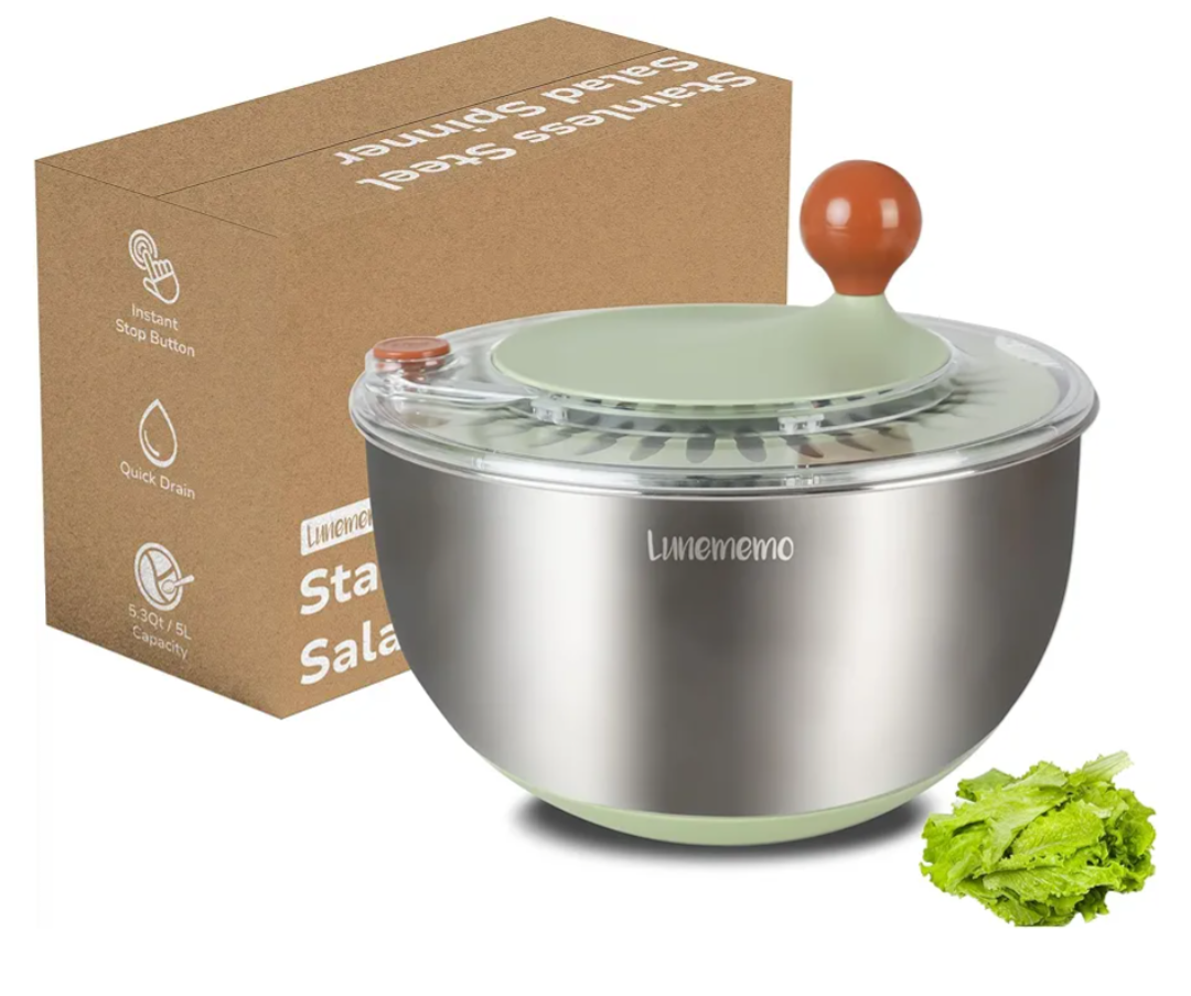 Stainless Steel Salad Spinner, Lettuce Spinner with Drain, Non-Slip Base, Stop Button, Vegetable Dryer, BPA Free, 5.3 Qt