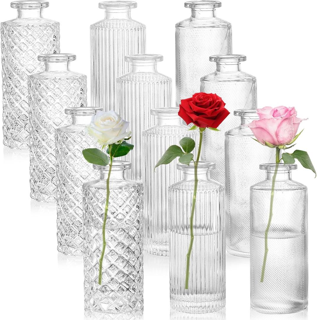 Nicunom Glass Bud Vases Set of 12, Small Clear Bud Vases in Bulk, Mini Flowers Vases, Single Flower Vases, Vintage Decorative Glass Bottles Vases for Table Centerpieces Wedding Home Decor