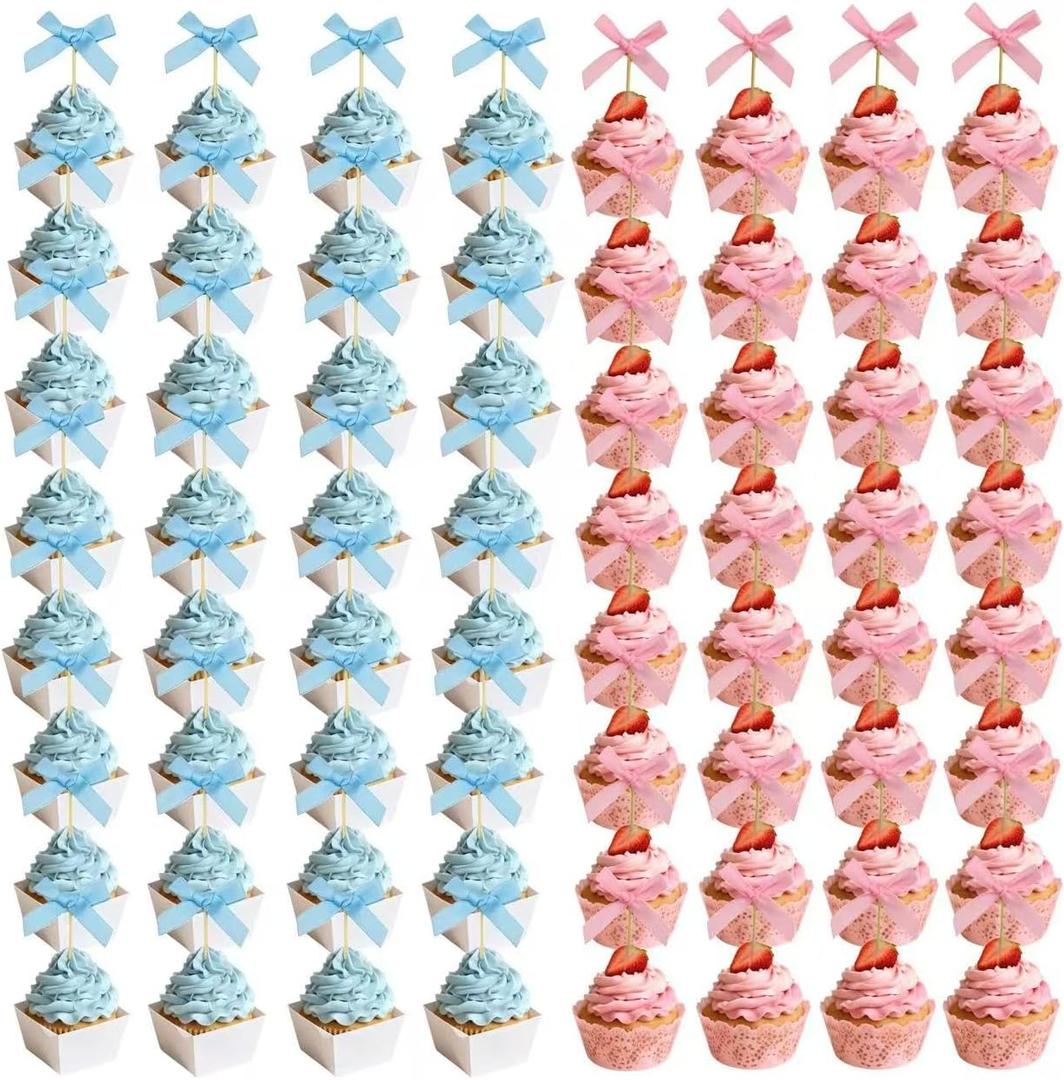 72PCS Pink & Blue Bow Cupcake Toppers – Mini Bowknot Cake Picks for Baby Shower, Birthday, Bridal, Bachelorette, Engagement & Wedding Party Decorations