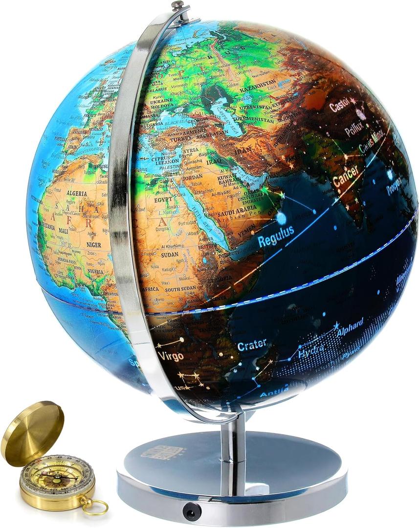 World Globe with Illuminated Constellations 13 Light Up Globe For Kids & Adults Gist - Compass Included Makes Great Educational Toys, Office Supplies, Teacher Desk Dcor, More by Get Life Basics