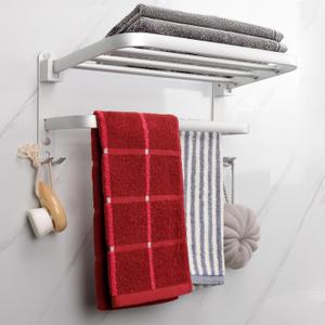 TocTen Towel Rack for Bathroom, Foldable Towel Holder with Double Towel Bars, Wall Mounted Premium Aluminum Bathroom Tower Shelf, Space-Saving Towel Hanger for Bathroom, Lavatory (Silver,16 in)