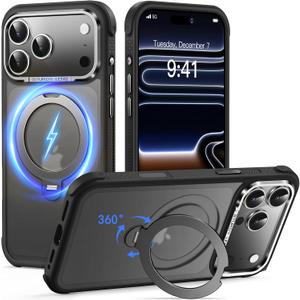 Reukdnv Magnetic for iPhone 17 Pro Case, Military Drop Protection, Compatible with MagSafe, Slim Translucent Matte Shockproof Protective Phone Case with 360° Spin Stand 6.3", Black