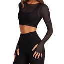 LASLULU Womens Long Sleeve Workout Tops with Built in Bra Sheer Mesh V Neck Black Crop Tops Cropped T Shirts Sexy Exercise Pilates Fall Outfits(Black,X-Large) 