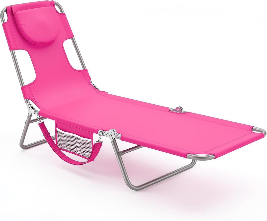DUMOS Lounge Chair Outdoor, Beach Tanning Chair with Face Hole, Pink, 71.9×21.5×11.8 IN