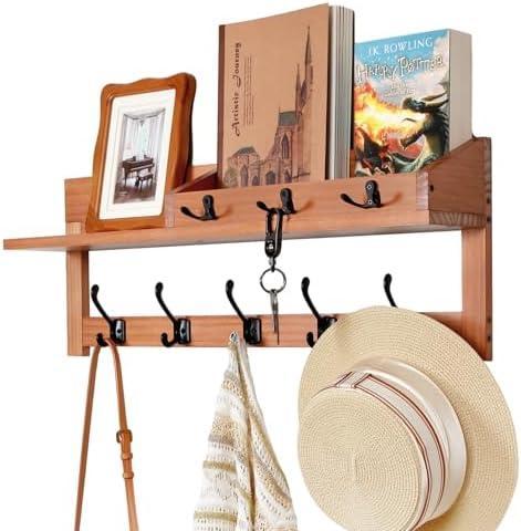 Exper City Coat Rack Wall Mount with Shelf, 26IN Wooden Coat Hanger Hooks Wall Mount with 8 Metal Hooks, Hanging Shelf with Hooks, 
Wood