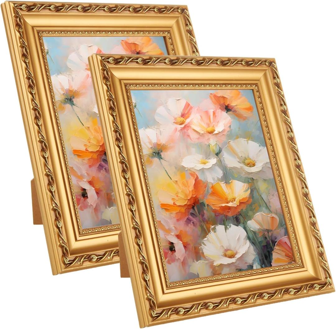 8x10 Inch Vintage Picture Frame with Glass 2 Pack Antique Picture Frames Ornate Baroque Frames, Gold Frame for Canvas Painting Wall or Tabletop Display