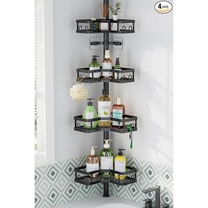 HEVEL Corner Shower Caddy Tension Pole, Adjustable Shower Organizer Corner 62-115 Inch, Rustproof Bathroom Storage Shower Shelves, Black