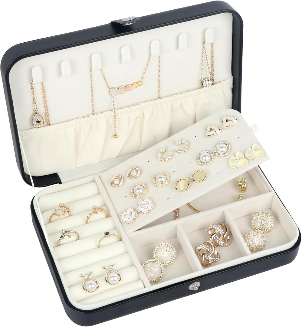 Hatori Travel Jewelry Case for Women, Portable PU Leather Travel Jewelry Organizer Box for Necklace Earrings Ring Bracelet, Small Jewelry Box Gifts for Teen, Girls, Moms and Daughters, Black.