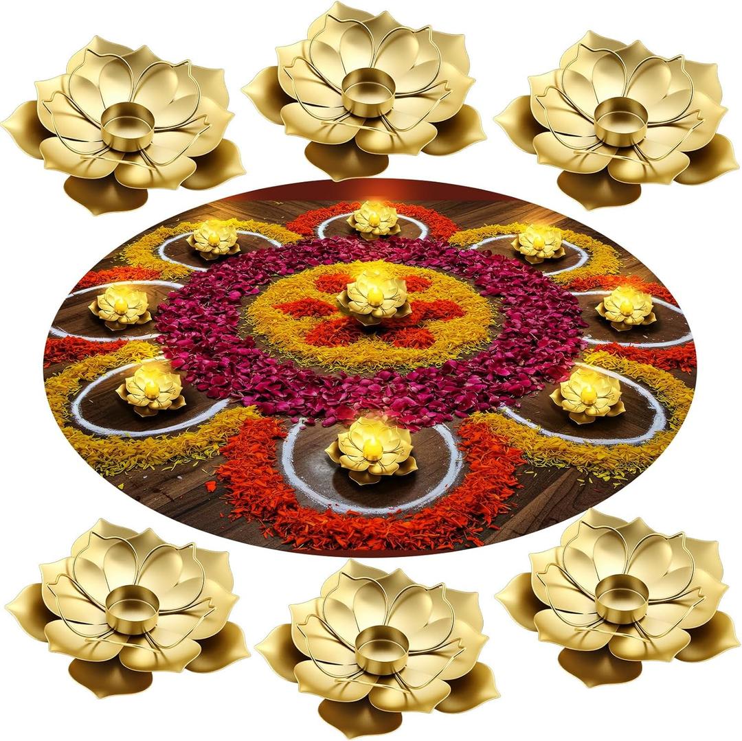 LemonRoad 6 Pcs Diwali Lotus Decoration Lotus Metal Candle Holder Diwali Tealight Candle Holder Artificial Flower Traditional Indian Decor for Puja Home Party Decor (7.1 Inch)
