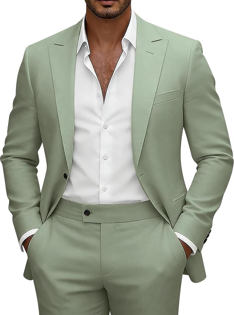 Mens Suit 2 Piece Slim Fit Suits for Men Peak Lapel 1 Button Suit Formal Wedding Prom Groom Blazer Pant Tuxedo (Green, XL)