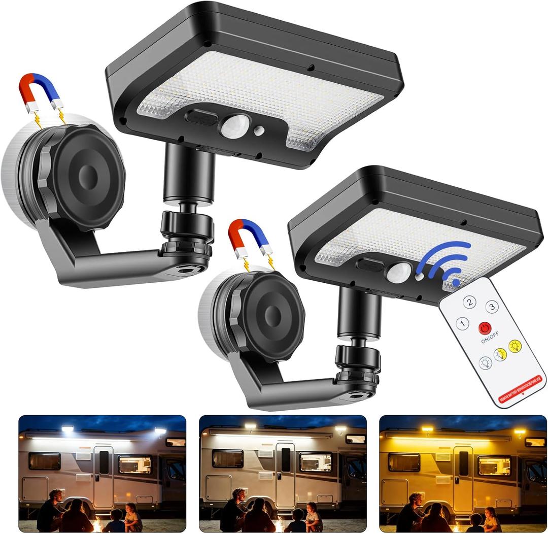 Magnetic Solar RV Lights Outdoor with Remote, USB &Solar Charging, 3 Colors, Motion Sensor Exterior LED Lights with Adjustable Bracket for Camper Step, Awning & Garage, IP65 Waterproof, 2 Pack