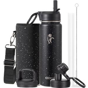 Coolflask Water Bottle 24 oz Insulated with Straw, Stainless Steel Metal 3 Lids Water Flask Wide Mouth for Sports or Office, Non-BPA Keep Cold Up to 48 Hrs or Hot Up to 24 Hrs, Starry Night