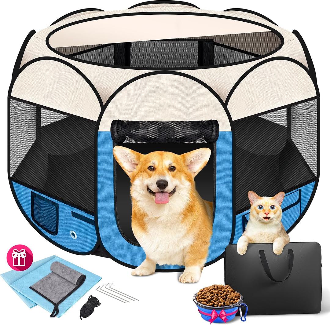 36" Portable Dog Playpen, Foldable Indoor Outdoor Pet Playpen, Blue