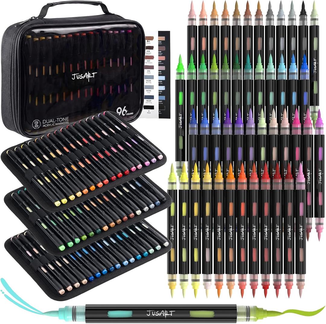 JusArt Acrylic Brush Markers, 96 Colors Brush Tip Acrylic Marker Set, 48 Dual-Tip Water Based No Bleed Markers with Automatic Ink Control for Wood, Rock, Fabric, Canvas, Glass, Eggs & DIY Crafts