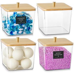 4 Pack Laundry Detergent Container, Clear Laundry Room Organization Containers, Large Laundry Powder Storage Organizer Wooden Lids with Scoop