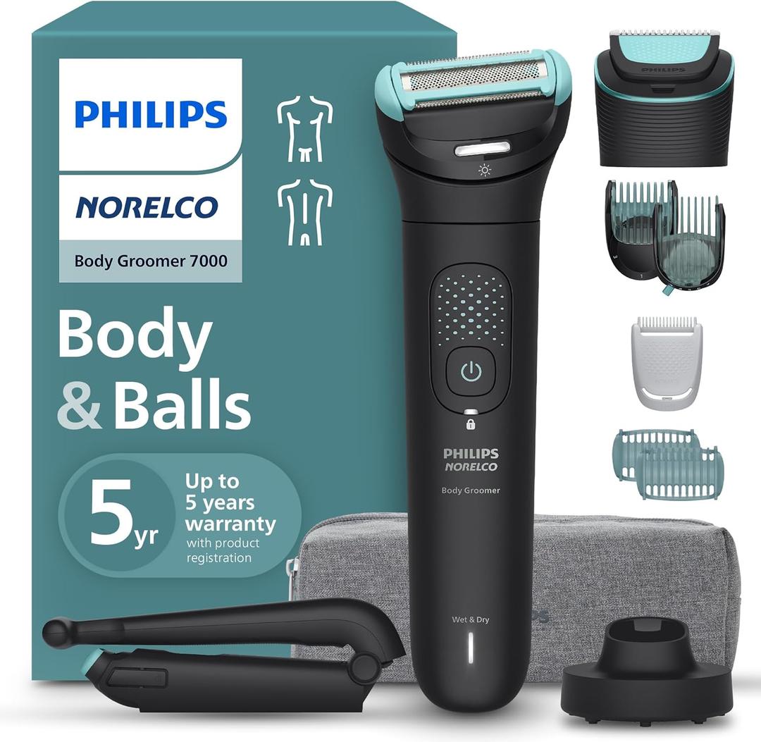 Philips Norelco Body Groomer 7000 Series, Waterproof Men's Full Body Groomer with Travel Case, Triple Protect Shave System & Body Hair Trimmer with Contour-Following 2D Flexing Head, BG7490/50 (Black)
