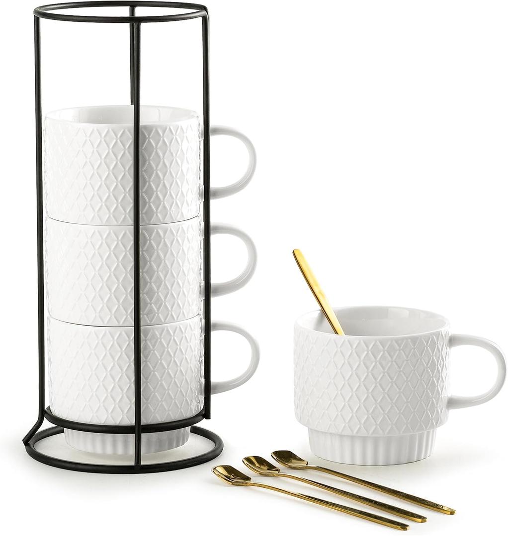 Gomakren Stackable Coffee Mugs Set with Stand, Coffee Cup with Tea Spoon 13 Ounce Cups for Cappuccino Coffee Drinks Tea Halloween, Set of 4, White Gift for Man Women 380ml