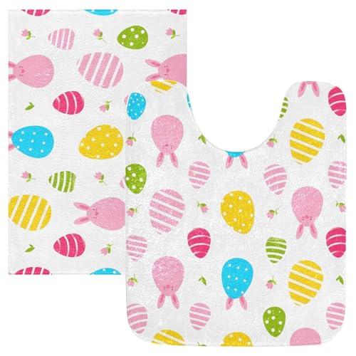 GOODOLD Easter Bunny and Eggs Bathroom Rugs Set 2 Piece Soft Plush Non Slip Bath Mat and Oval Toilet Rug Absorbent Machine Washable Mats for Bathroom Floor
