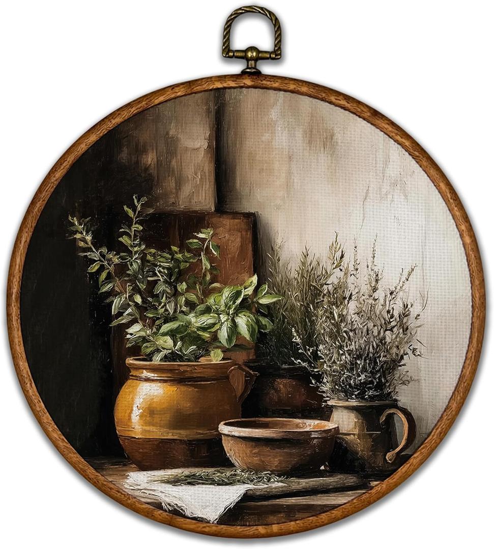 BCUANGD Vintage Jarjar Round Wall Art Decor - Retro Food Still Life Wall Art Canvas Frame Artwork Prints, Rustic Country Bakery Round Wall Hanging Decorations for Kitchen Home, 10"x10"