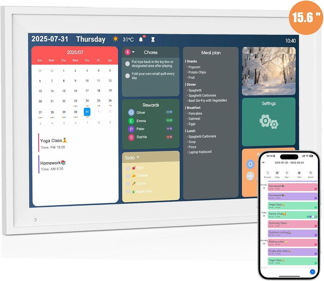 15.6 inch Digital Calendar Wall Touch Screen Chore Chart Rewards, Smart Calendar for Family Meal Planner To-do List, 1080P Electronic Planners & Picture Frames (White)