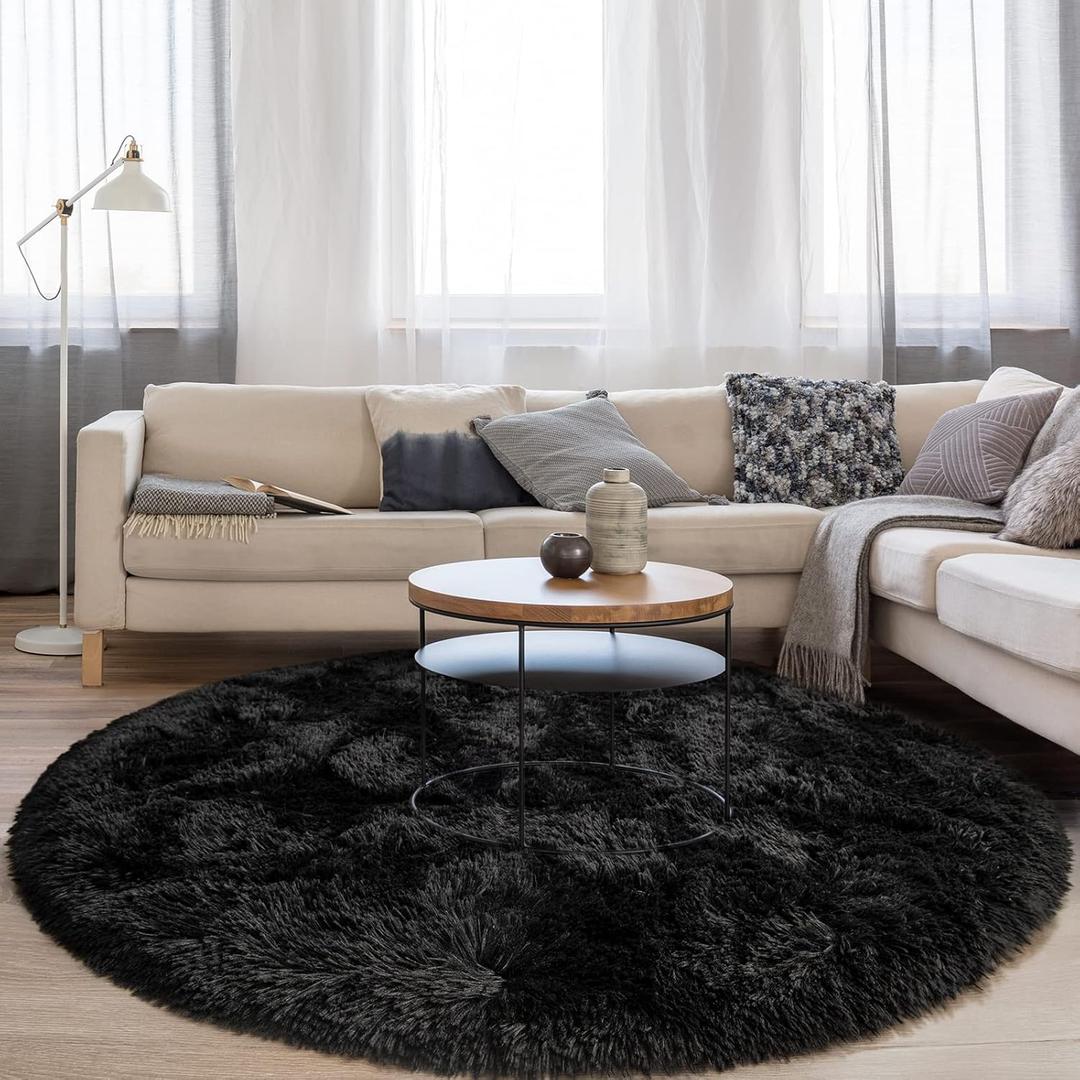 FlyDOIT Black Round Rug for Bedroom, Super Fluffy Circle Rugs for Baby Nursery, 5'X5' Feet Furry Carpet for Children Kids Room, Cute Soft Shaggy Rug for Girls Home Decor, Fuzzy Plush Carpets for Dorm