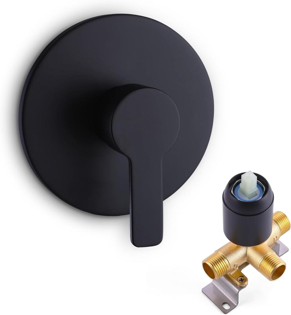 Shower Valve Handle Bathroom Shower Mixer Valve Kit, Wall Mount Rough-in Tub Shower Control Valves Round 1 Way Single Function, Male Thread, Matte Black