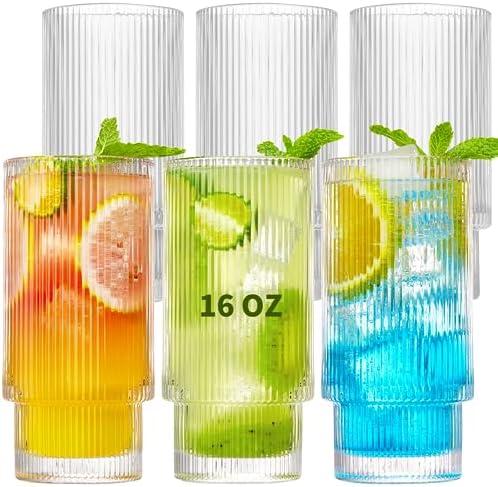 Qipecedm 6 Pack Ribbed Drinking Glasses, 16 oz Vintage Glass Cups, Highball Glasses, Premium Iced Coffee Glasses, Clear Glass Tumbler, Cocktail Glasses, Elegant Glassware for Water Juice Whiskey Beer