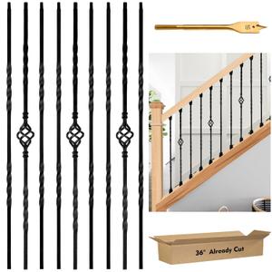 Pack of 9 Iron Stair Balusters, 36" Balusters for Staircase Interior, Stair Spindles Hollow Single Basket with Knuckles Double Twist 1/2" Square Metal Stair Wrought Iron Balusters (Pre-Cutting)