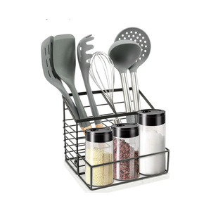 Utensil Holder for Kitchen Counter, Metal Utensil Holder Rack with Salt and Pepper Shakers for Kitchen Countertop, Cooking Tools Storage for Spatula, Large Utensil Organizer with Marble Base