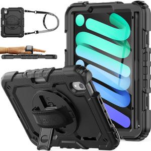 SEYMAC stock Case for iPad mini 7 (A17 Pro) 2024/ Mini 6 8.3'' with Screen Protector Pencil Holder [360 Rotating Hand Strap] &Stand, Drop-Proof Case for iPad mini 7th/6th Generation 8.3", Black