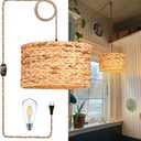 Rattan Plug in Pendant Light Boho Hanging Lights with Plug in Cord & Dimmable Switch,Indoor Hanging Lamp Plug in Wicker Woven Lampshade for Living Room Bedroom Dinning Island (Straight tube)