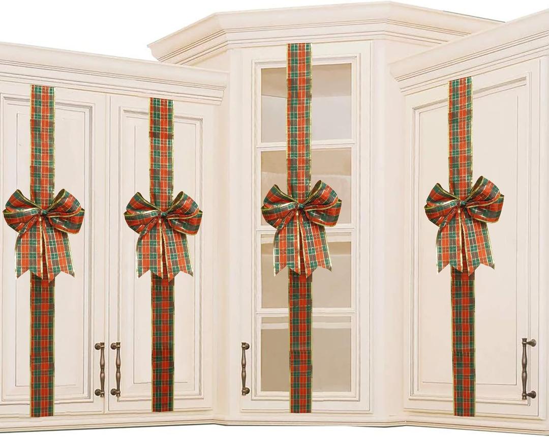 Cabinet Door Festive Ribbons and Bows Decoration Christmas Wreath Bow for Christmas Tree Fireplace Door Party Holidays Wrapping Decorations (4, Red/Geen)