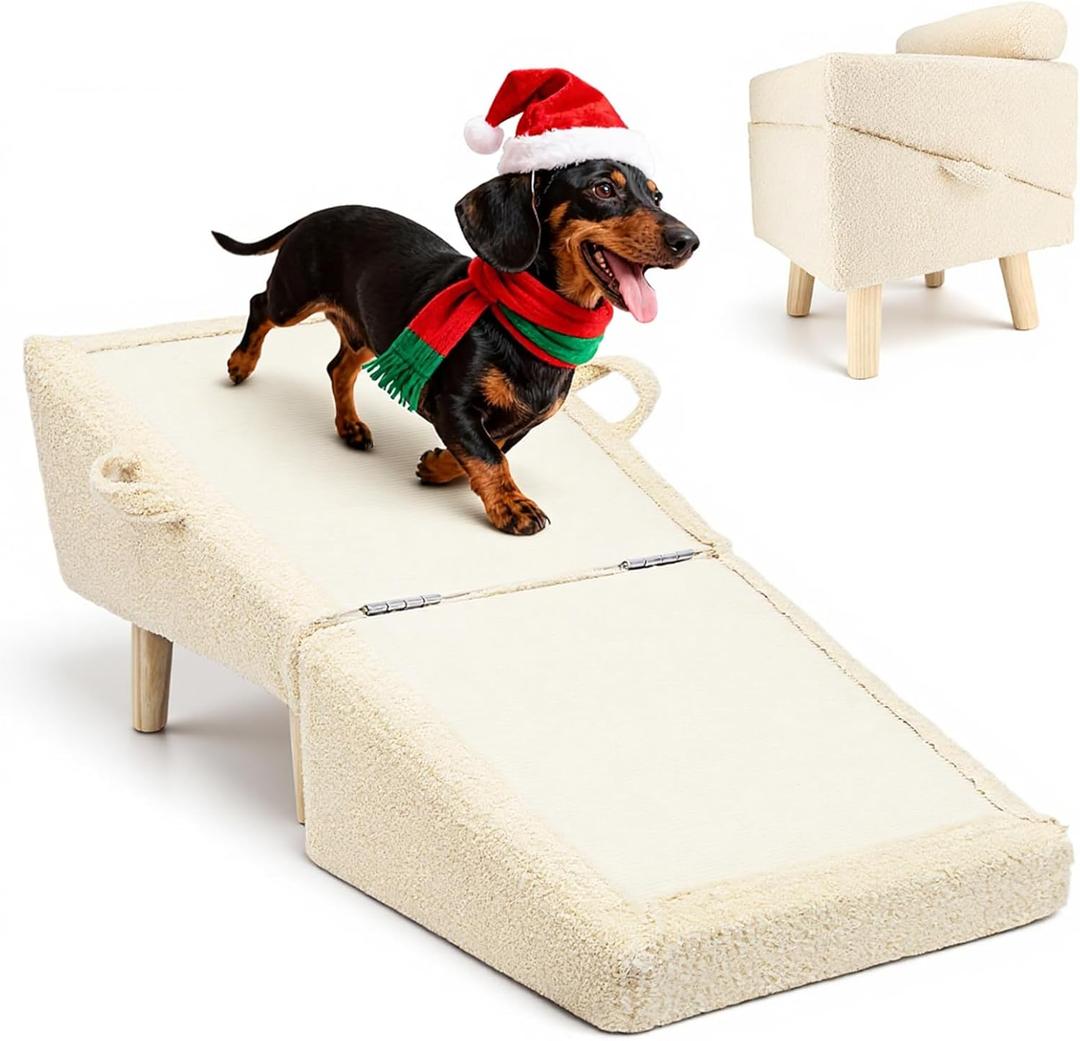 Dog Stairs for Small Dogs and Cats  2-in-1 Dog Ramp for Couch and Low Bed, 16.5'' Foldable Wooden Pet Ramp, Sturdy Multi-Use Split Ottoman Design, Beige