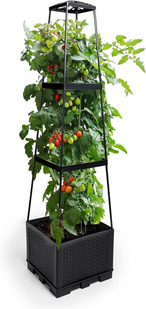 GENMOUS 3 Tiered Tomato Planter with Trellis for Small Climbing Vegetables Growing Plants, 45” Raised Garden Bed Planter Box Tomato Cage Tomato Planters for Patio Indoor Outdoor Vegetables （1 Pack）
