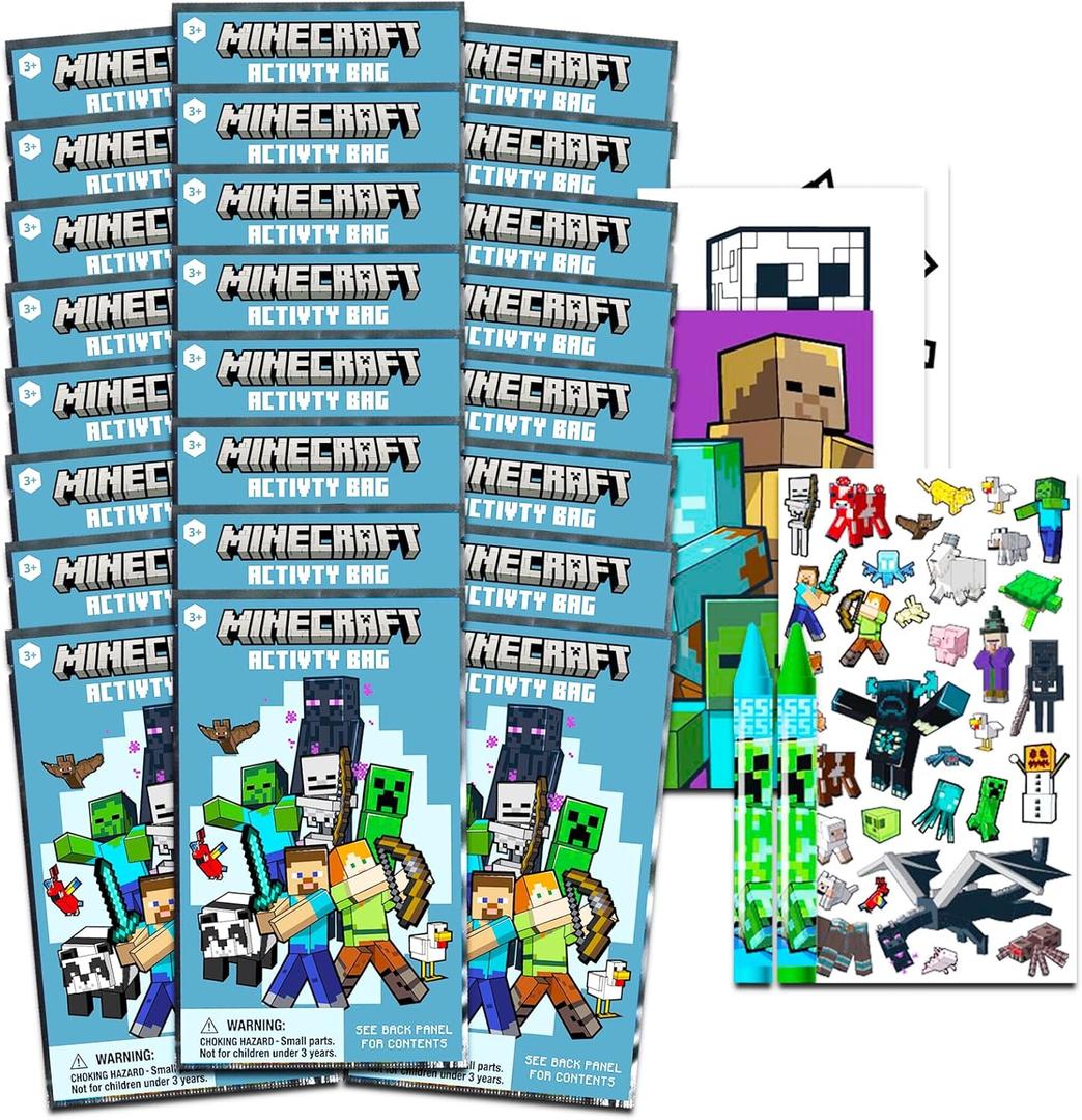 Minecraft Party Favors for Kids Bundle ~ 24 Minecraft Mini Play Packs with Coloring Books, Stickers, Crayons, More | Minecraft Party Supplies