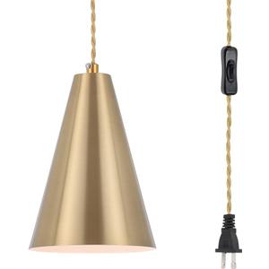 Gold Plug In Pendant Light,Hanging Lights With Plug In Cord On/Off Switch, Mini Brass Pendant Lights for Kitchen Island,Modern Chandeliers Light Fixture with Metal Shade,Hanging Lamps for Bedroom