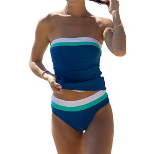 Beachsissi Bandeau Swimsuits for Women Strapless Swimwear Bathing Suits Tummy Control Color Block Tankini Sets (Large, Blue)