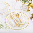 DaYammi 210PCS Gold Plastic Dinnerware Set Gold Plates Disposable Disposable Plates for Party Include: 30 Dinner Plates,30 Dessert Plates,30 Pre Rolled Napkins with Gold Silverware,30 Cups for Wedding