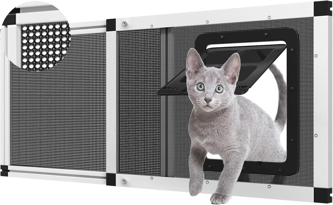 Adjustable Ventilated Pet Door for Window 31.7"-39.3" Wide, White Aluminum Frame + Stainless Steel Mesh | Breathable Bug-Proof | 4-Way Lock Magnetic Closure Cat Window Door,Cat Door for Window Insert