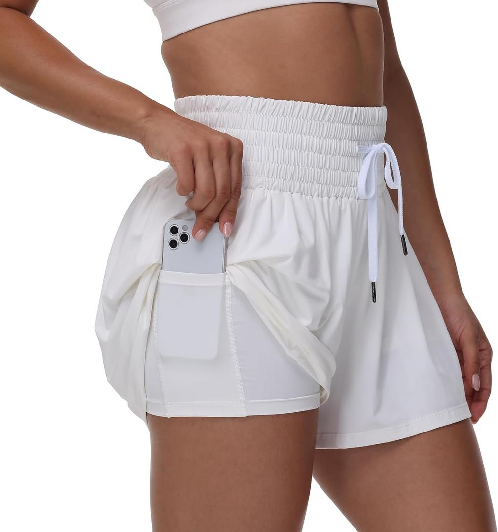 Blaosn Flowy Athletic Shorts for Women Gym Workout Running Short Pants High Waist Skort with Pocket Casual Summer Clothes (White, L)