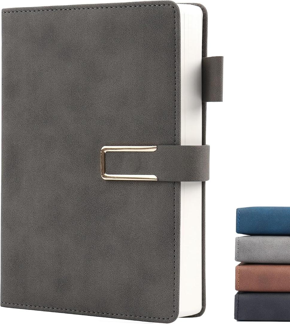 Hardcover Lined Notebook Journal for Women & Men,256 Pages 5.7 x 8.3 inches,A5 Ruled Notebooks Magnetic Closure Leather Journal,Daily for Work,Meeting,Travel,Writing,School and Note Taking (Gray)