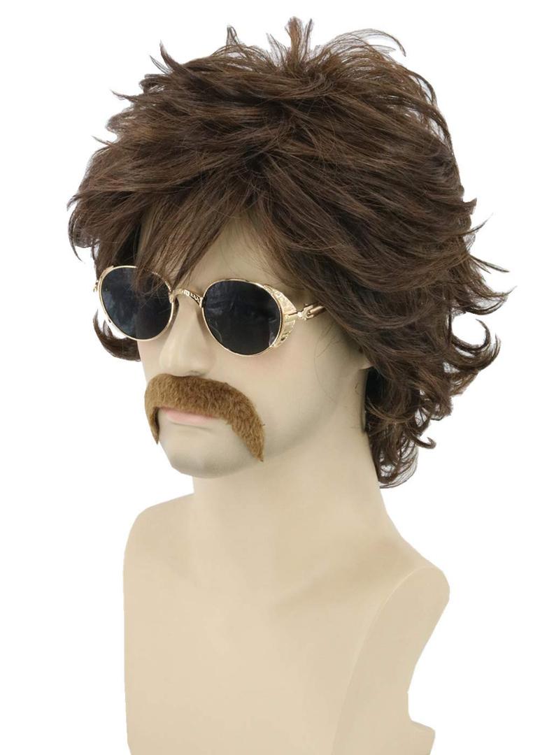 70s Mens Wigs Brown Short Wavy Shaggy Wig Cosplay Halloween Costume Wigs+Wig Cap and Beard