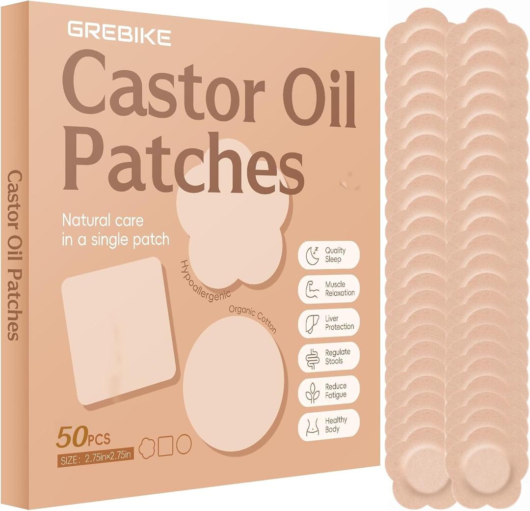 50PCS Castor Oil Patches, Castor Oil Pack Wrap Disposable Organic Cotton Self-Adhesive Pads for Belly Button, Anti Leakage Design, Breathable & Portable, No Wash (Beige)