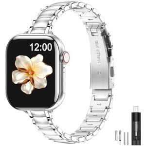 MioHHR Thin Metal Bands Compatible with Apple Watch Band Ultra 2 1 Series 10 9 8 7 6 5 4 SE 3 2 1,Slim Narrow Stainless Steel Strap for Women iWatch Bands 49mm 46mm 45mm 44mm 42mm 41mm 40mm 38mm