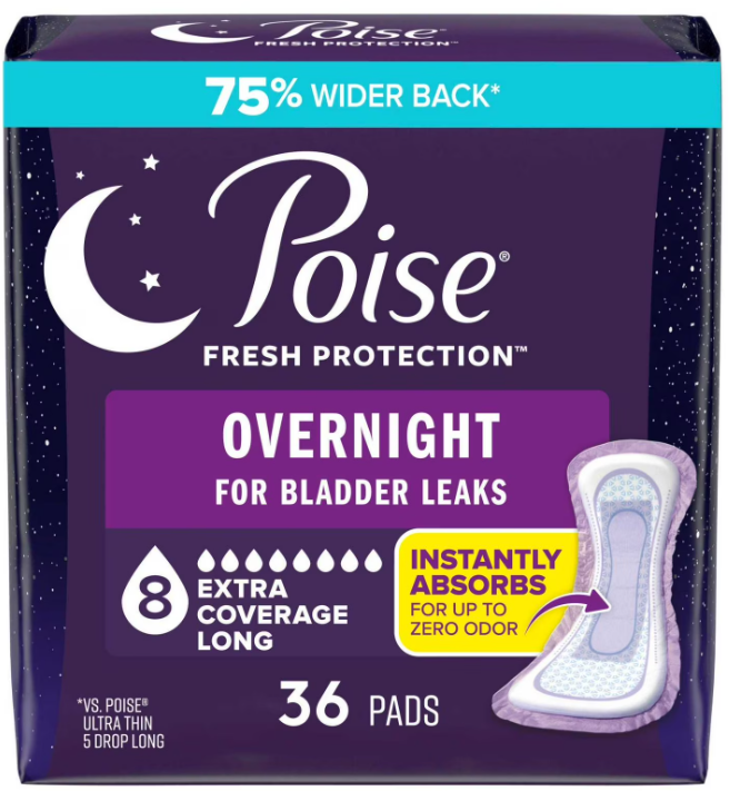 Poise Overnight Incontinence & Postpartum Pads for Bladder Leaks, 8 Drop Extra Coverage, 36 Count