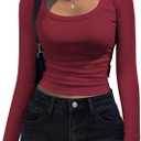 Zeagoo Womens T Shirts Long Sleeve Top Cute Fitted Square Neck Fall Tops 2025 Fashion Work Tee Clothing Wine Red, Small